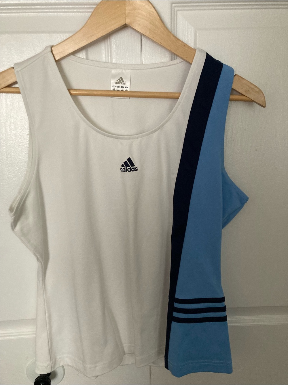 adidas White Tank Top with Light Blue and Navy Stripe